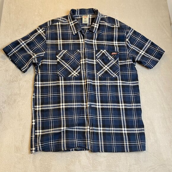 Dickies Mens Shirt 2XL Blue & White Plaid Short Sleeve Button-Up 100% Cotton - Picture 9 of 9